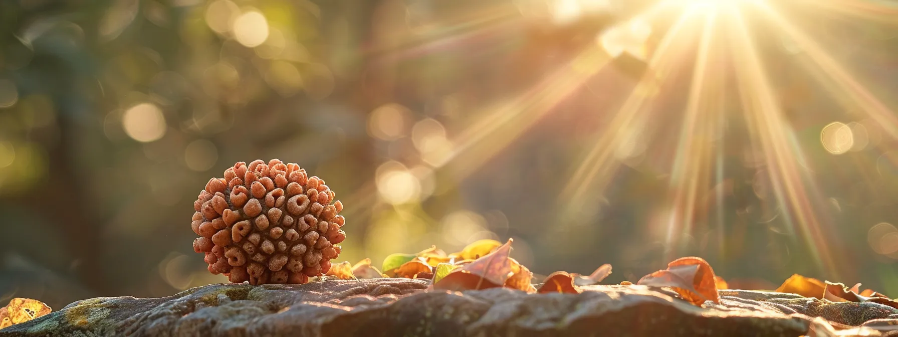 a radiant six mukhi rudraksha bead gleams in the sunlight, embodying spiritual power and divine energy as inspired by the legend of lord kartikeya.