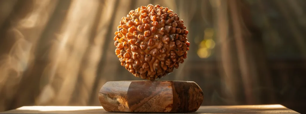 a radiant sunlight streaming through a sacred twelve mukhi rudraksha bead, illuminating its intricate texture and powerful aura.