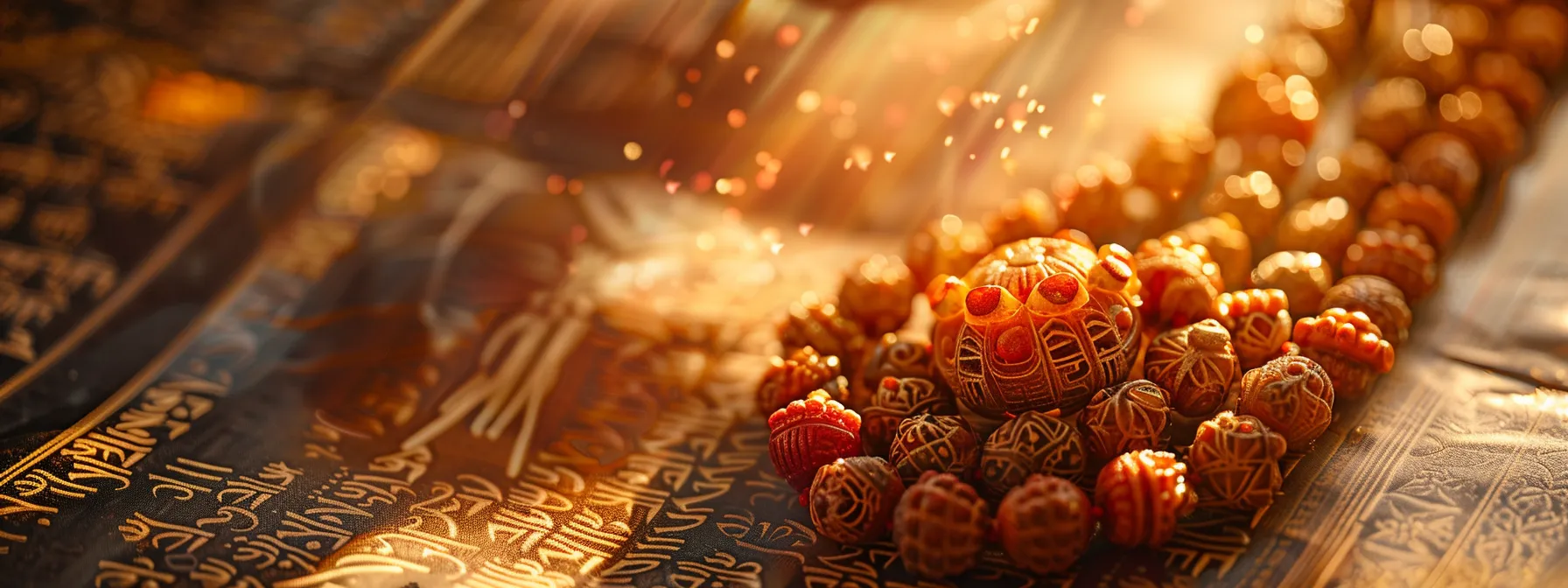 a radiant ten mukhi rudraksha beads shining brightly against a backdrop of ancient scriptures and spiritual symbols.