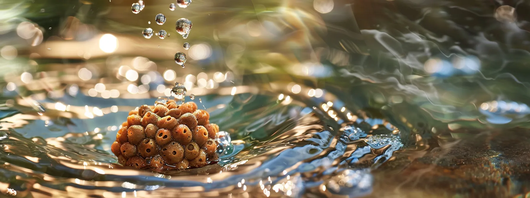 a radiant twenty mukhi rudraksha bead gleaming under a gentle stream of cleansing water, surrounded by soft natural light.