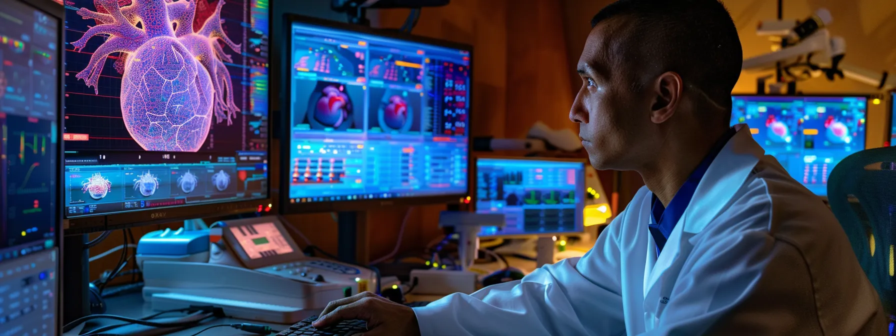 a researcher surrounded by cutting-edge technology, deeply focused on analyzing heart coherence data at the heartmath institute.