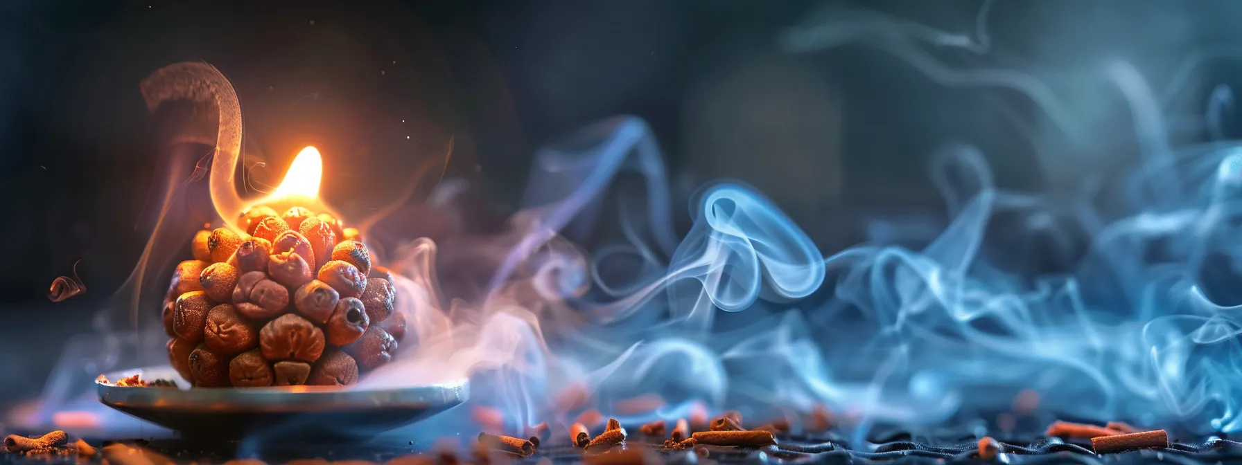 a sacred, glowing three mukhi rudraksha bead being purified with smoke from incense, ready to be worn for spiritual benefits.