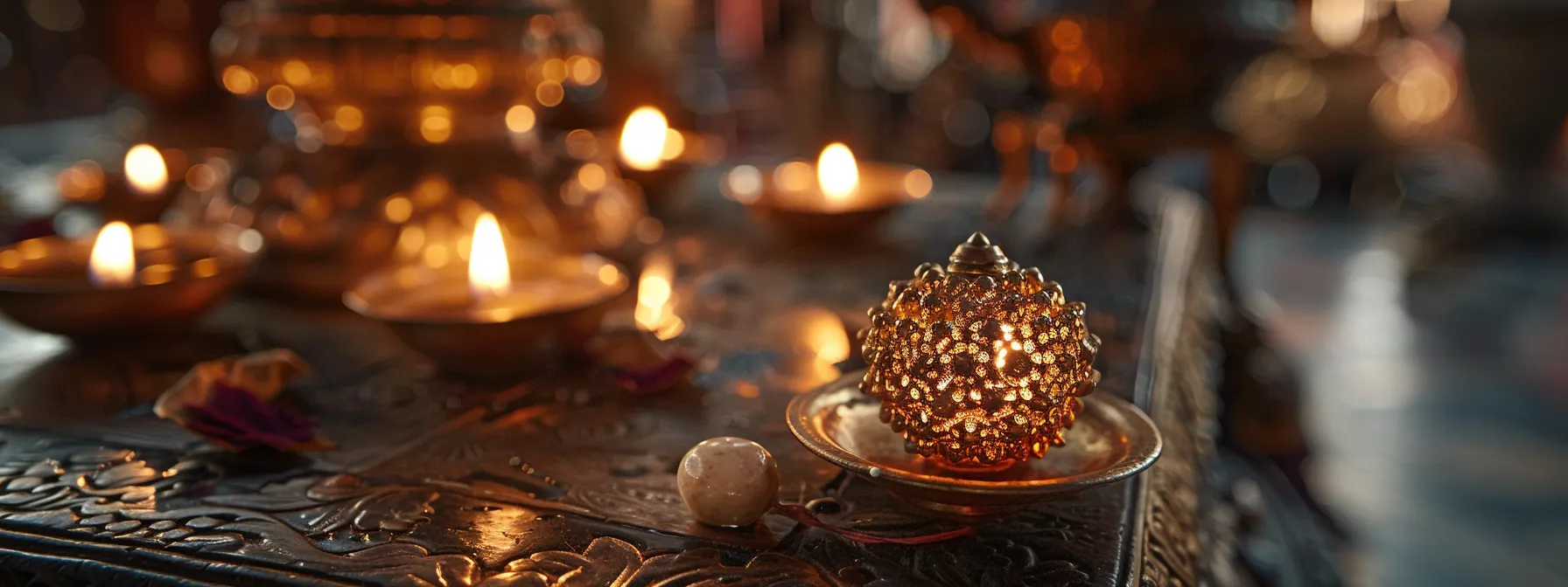 a sacred nineteen mukhi rudraksha bead, adorned with sandalwood and silver, glows brilliantly in the flickering candlelight of a meditation altar at the revered pashupatinath temple.