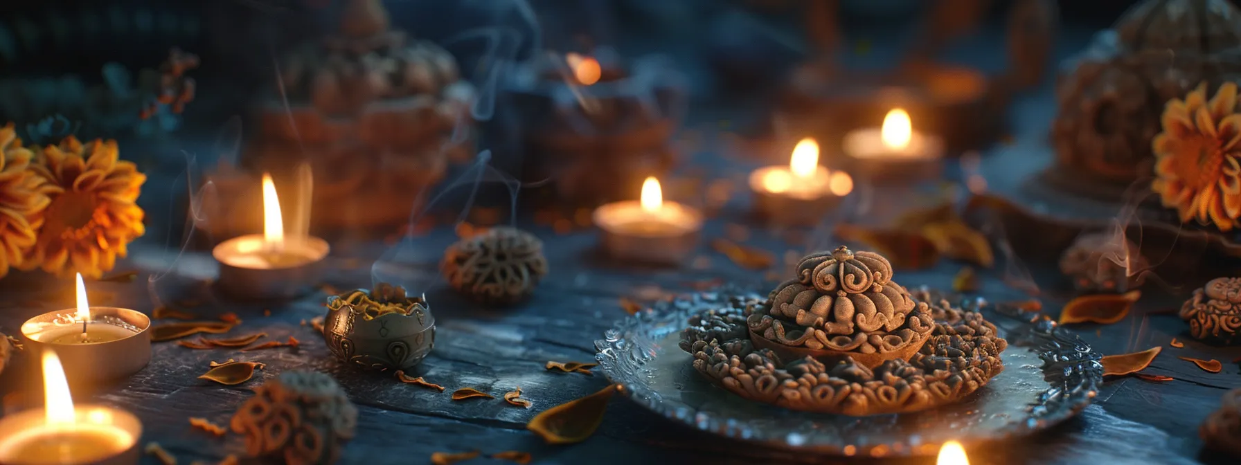 a sacred rudraksha bead surrounded by offerings and lit candles, radiating a powerful spiritual energy.