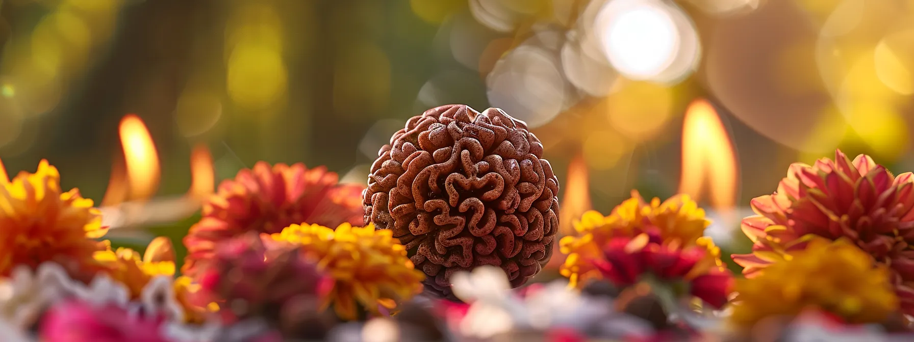 a sacred sixteen mukhi rudraksha bead gleaming with divine energy and intricate symbolism nestled among fragrant flowers and a flickering flame.