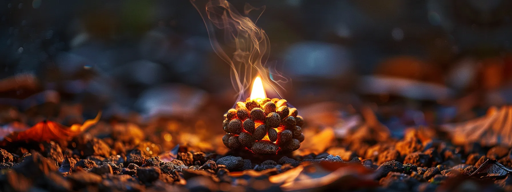 a sacred three mukhi rudraksha glowing with divine fire, symbolizing purification and renewal.