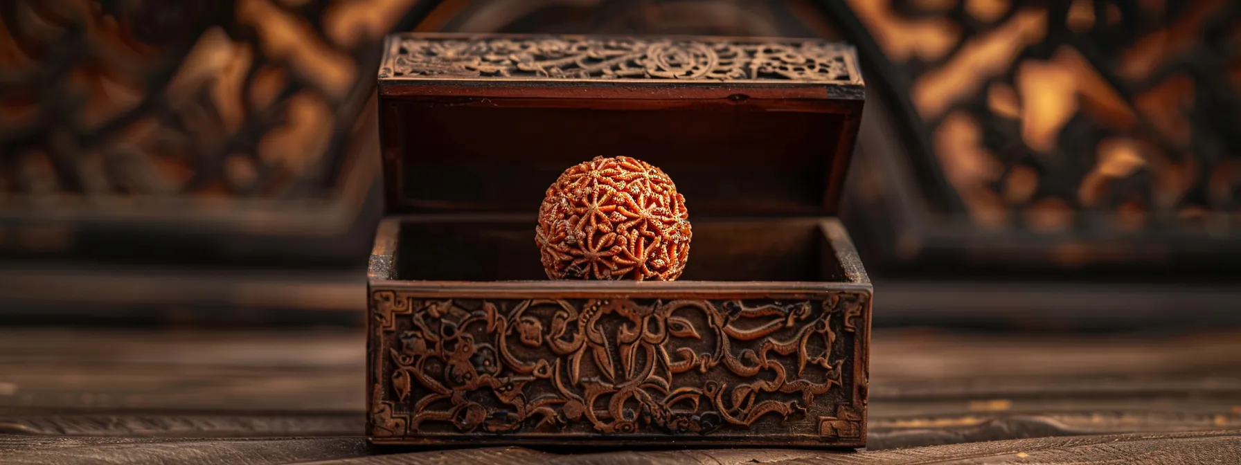 a sacred twenty mukhi rudraksha bead, glowing with spiritual energy, carefully stored in a wooden box adorned with intricate carvings.