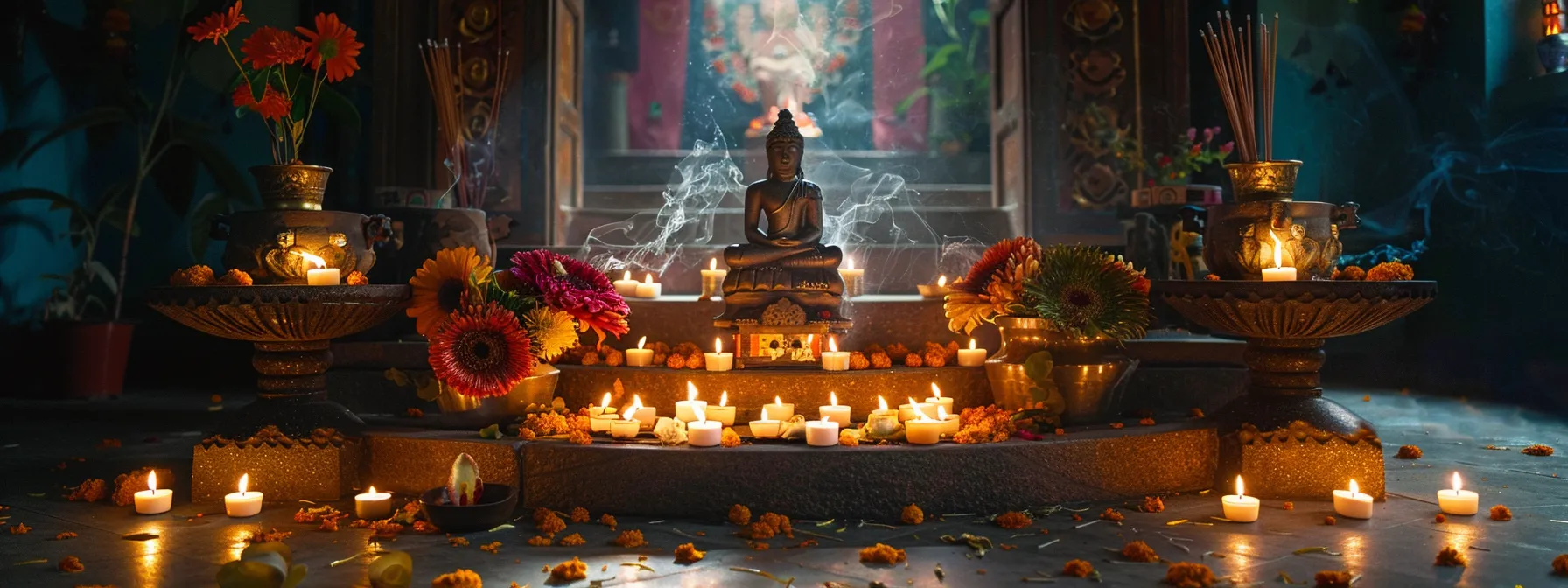 a serene altar adorned with a glowing fifteen mukhi rudraksha bead surrounded by fragrant incense and flickering candles.