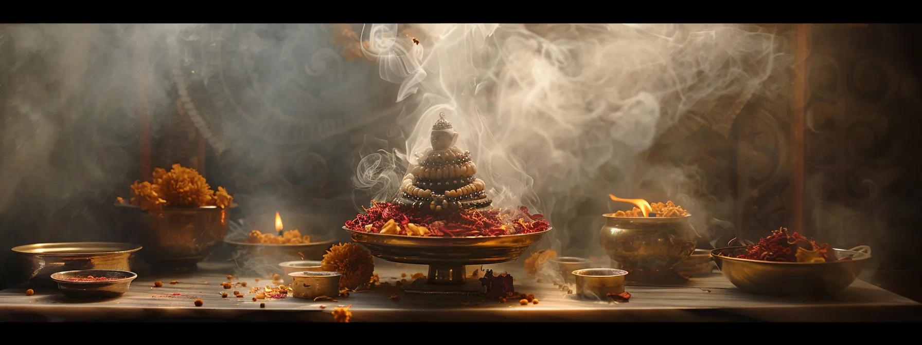 a serene altar adorned with a gleaming eighteen mukhi rudraksha, surrounded by purifying smoke and offerings of wealth.