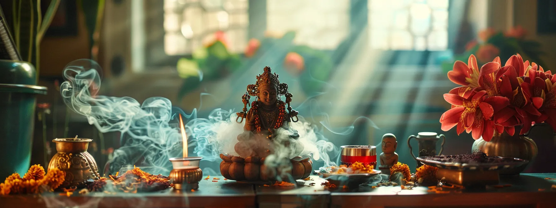 a serene altar adorned with a single six mukhi rudraksha, incense smoke swirling around in the background, as a devotee chants mantras with closed eyes in deep devotion.