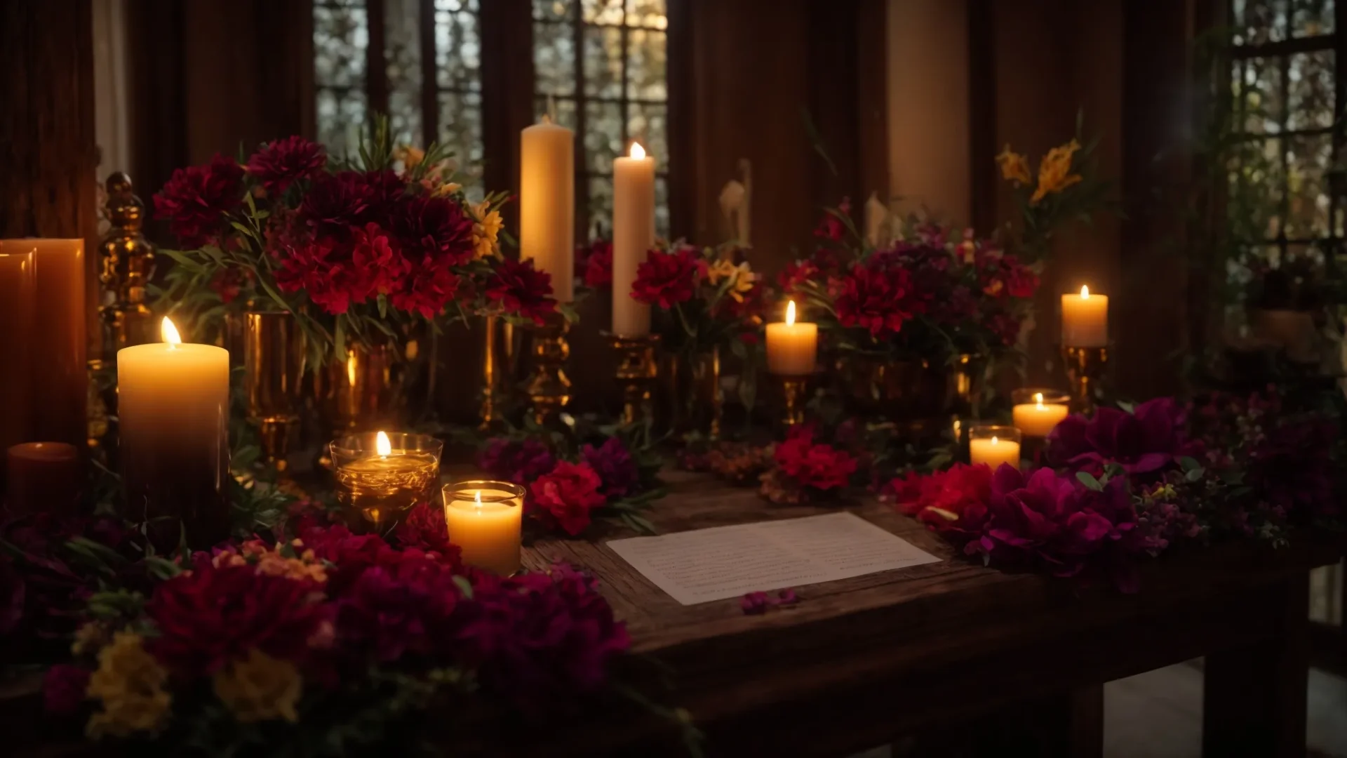 a serene altar adorned with flowers, incense, and holy substances, surrounded by the glow of candles and spiritual energy.