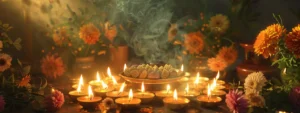 a serene altar adorned with fragrant incense and flickering candles, showcasing a vibrant eighteen mukhi rudraksha surrounded by fresh flowers.