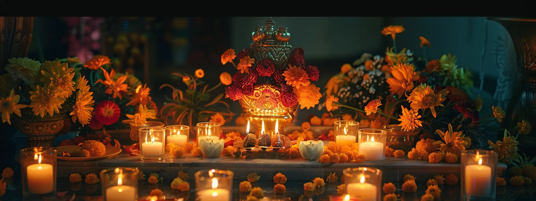 a serene altar adorned with fragrant flowers, glowing candles, and sacred symbols, set against a backdrop of soft candlelight, creating an atmosphere of divine energy and spiritual preparation for activating the twenty mukhi rudraksha.