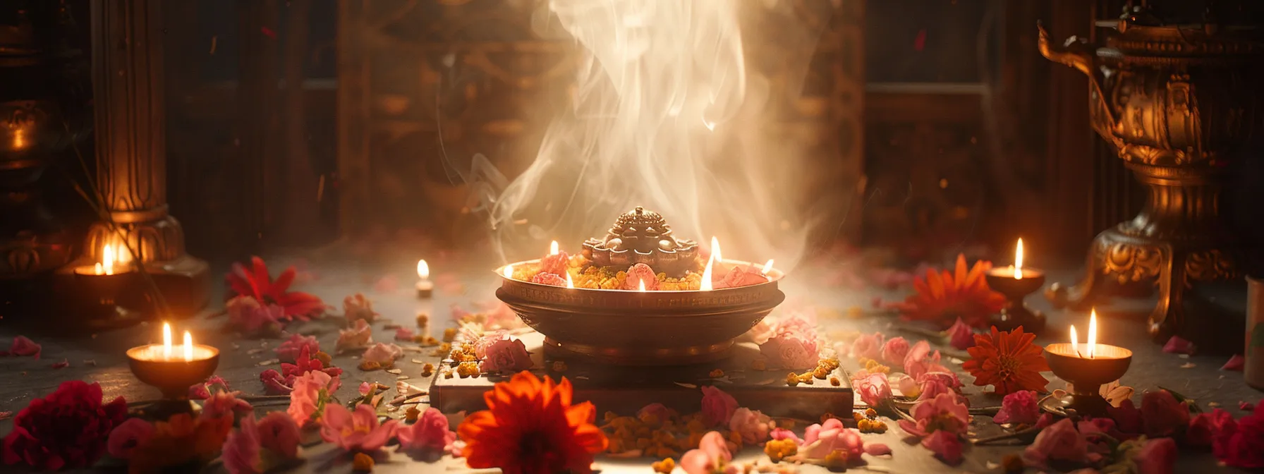 a serene altar adorned with incense and flowers, bathed in soft candlelight, awaiting the activation ritual of the eight mukhi rudraksha.