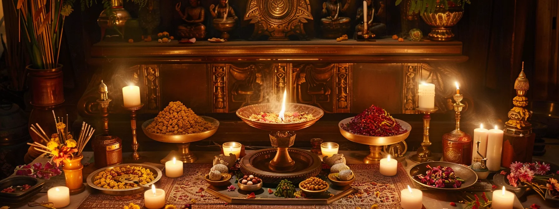 a serene altar adorned with ritual tools, candles, and fragrant incense surrounding a shimmering eighteen mukhi rudraksha bead.