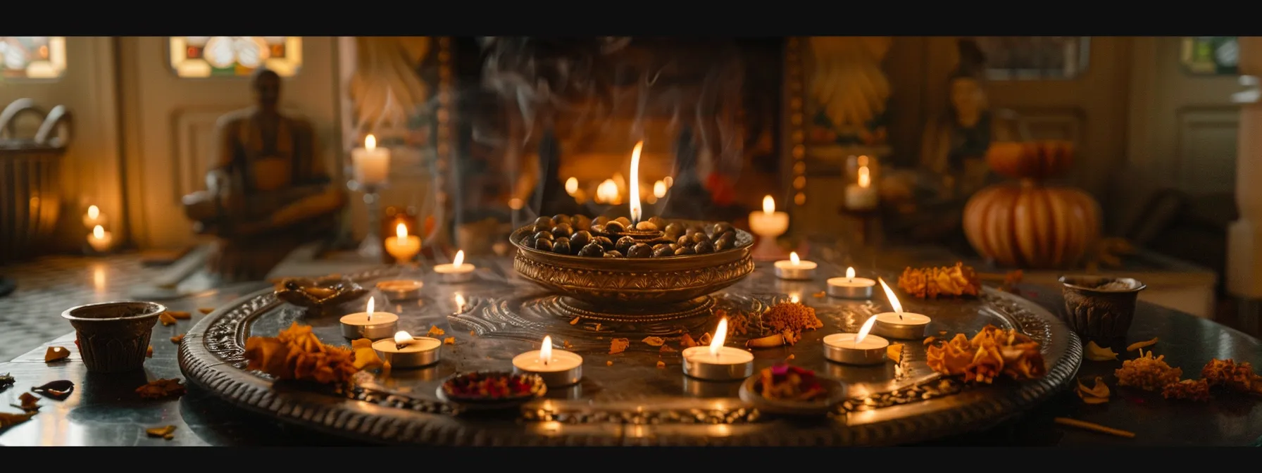 a serene altar adorned with the eight mukhi rudraksha for a puja, surrounded by flickering candles and fragrant incense.