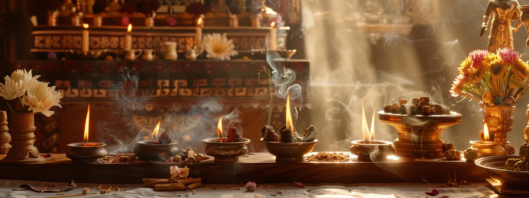 a serene altar set with incense, candles, and sacred offerings, ready for the one mukhi rudraksha to be prepared for spiritual benefits.