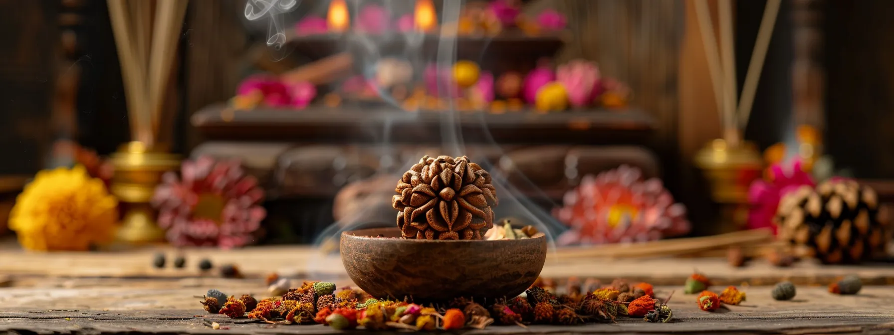 a serene altar with a stunning sixteen mukhi rudraksha bead surrounded by fragrant incense, symbolizing purity and spiritual devotion.