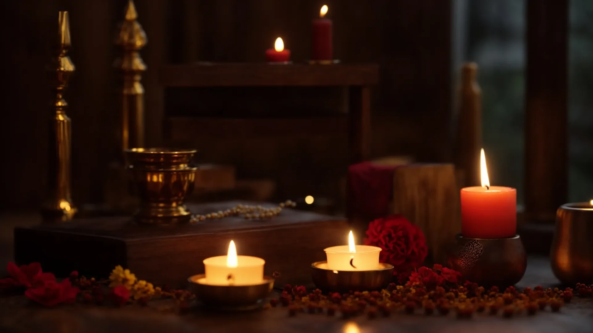 a serene altar with glowing candles, sacred items, and a nine mukhi rudraksha bead, symbolizing preparation for a purification ceremony.