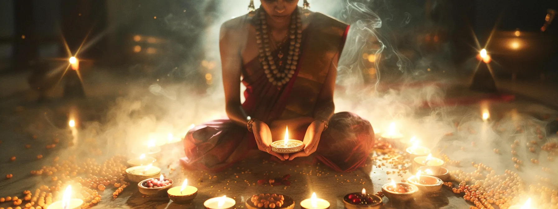 a serene and focused individual performing a traditional puja ceremony with the eleven mukhi rudraksha placed reverently on their chest, surrounded by soft candlelight and fragrant incense.