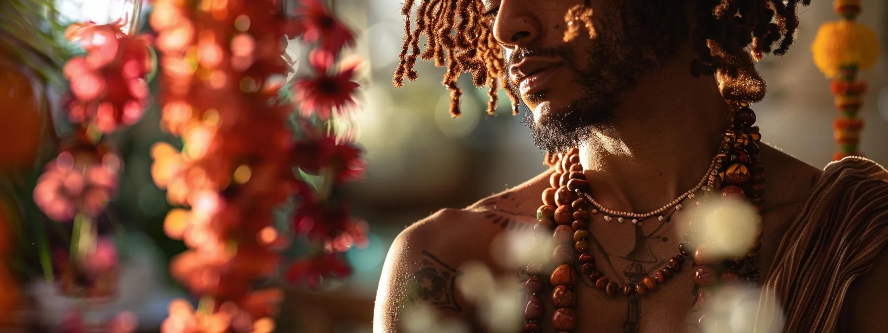 a serene and focused individual wearing a beautiful rudraksha necklace and bracelet, surrounded by calming spiritual elements.