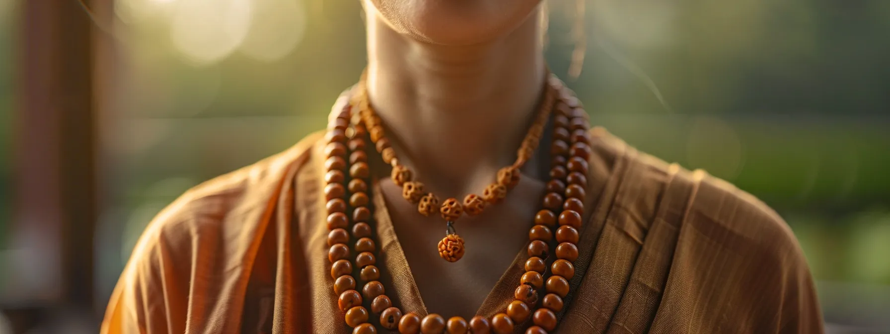 a serene and focused individual wearing a one mukhi rudraksha necklace surrounded by a calming aura of peace and mental clarity.