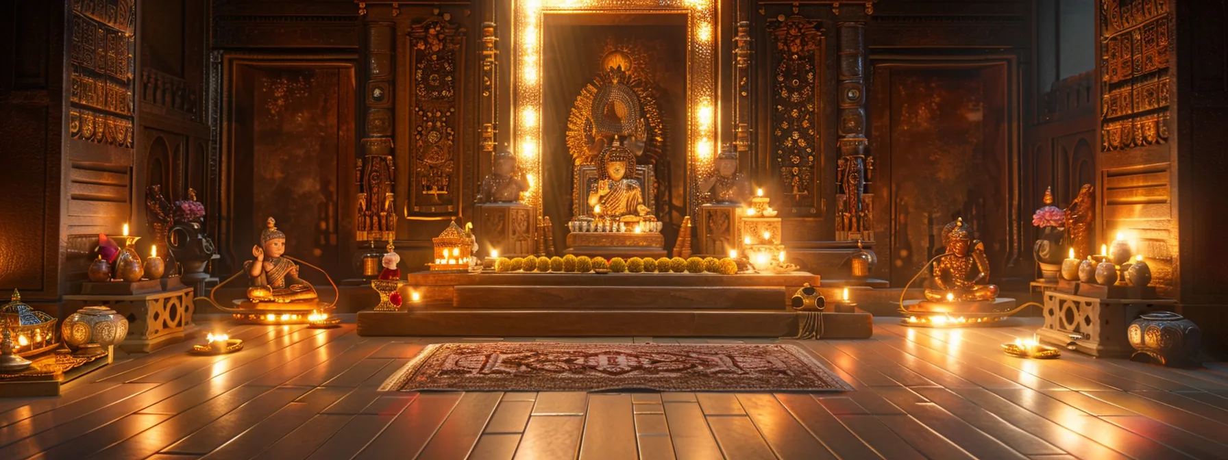 a serene and ornate meditation space adorned with traditional hindu symbols and a glowing 5 mukhi brahma mala, enhancing the spiritual atmosphere.