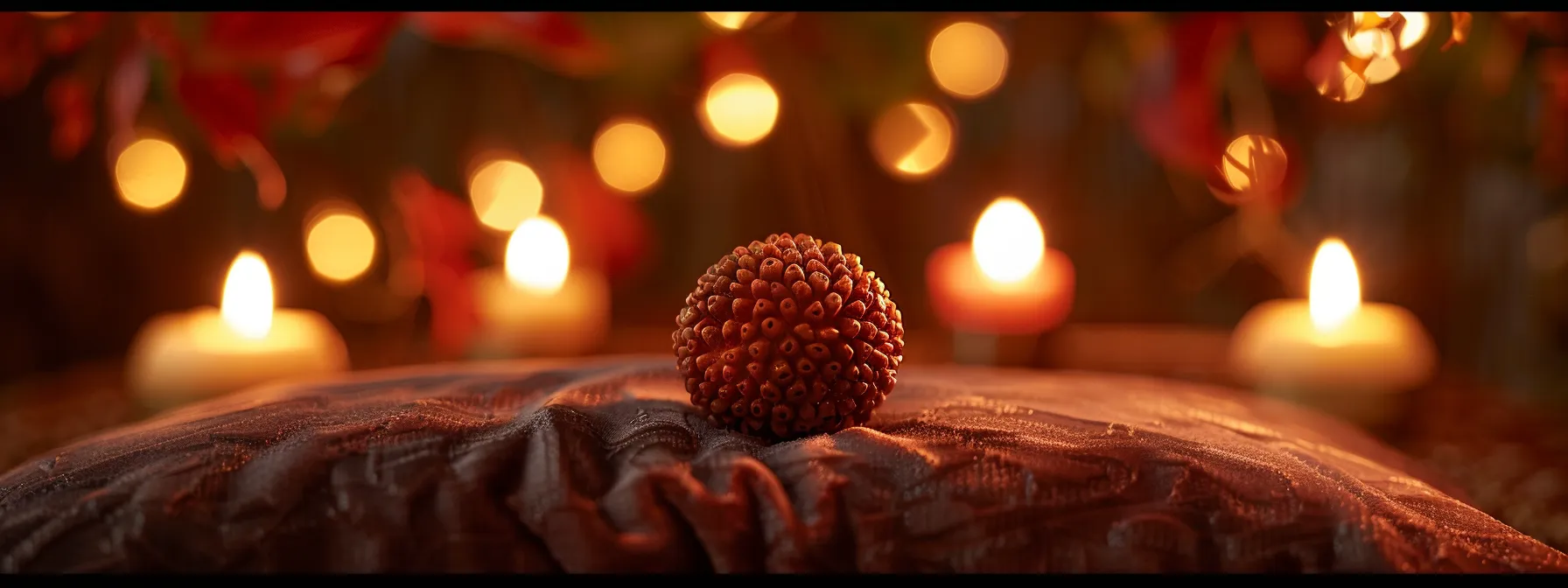 a serene and polished four mukhi rudraksha bead resting on a soft velvet cushion, surrounded by gentle candlelight, radiating a sense of spiritual purity and protection.