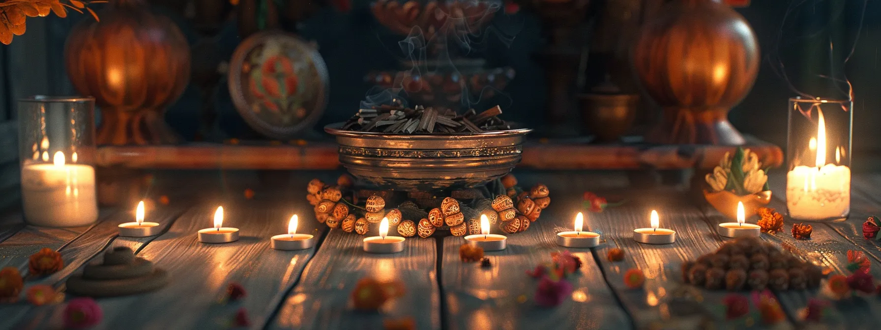 a serene and sacred altar adorned with eleven mukhi rudraksha beads, surrounded by flickering candles and fragrant incense, symbolizing post-cleaning care and maintenance.