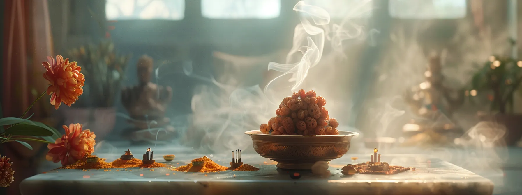 a serene and sacred altar adorned with a nineteen mukhi rudraksha bead, glowing with spiritual energy and surrounded by delicate incense smoke.