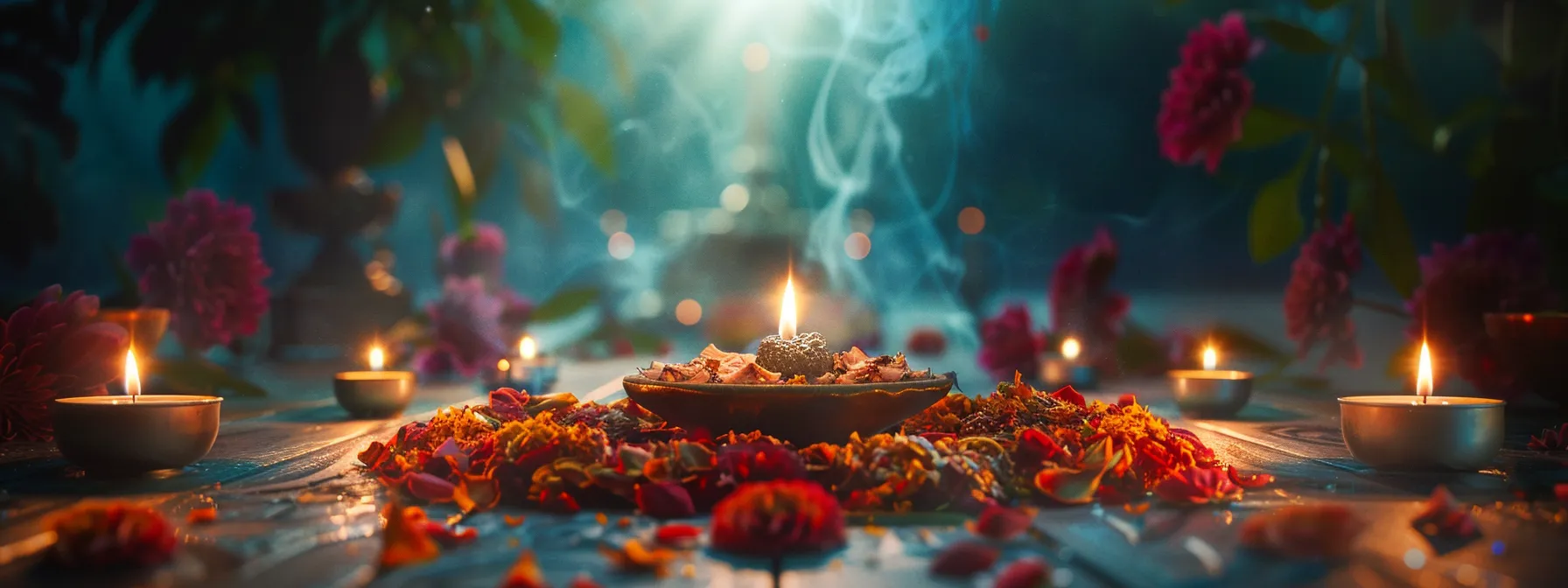 a serene and sacred altar adorned with a single, gleaming one mukhi rudraksha bead surrounded by candles and incense, emanating a divine and peaceful energy.