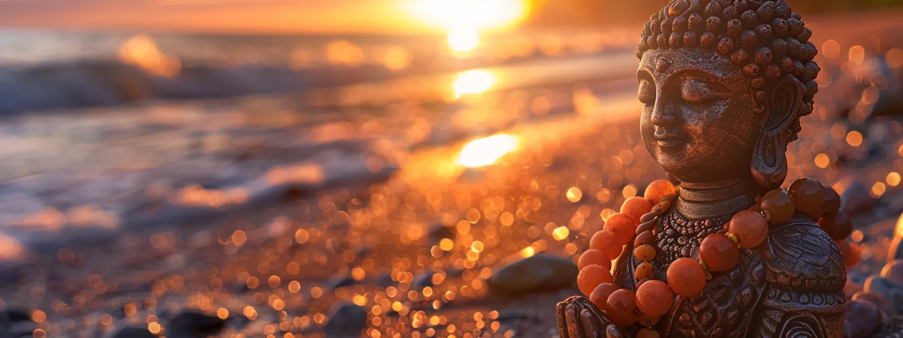 a serene beach sunset with a person wearing the eight mukhi rudraksha, radiating wisdom and strength under the warm glow of the sun.