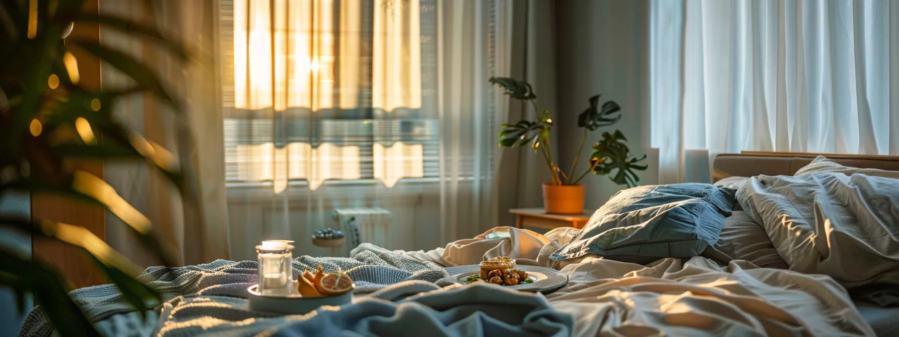 a serene bedroom with a cozy bed and a plate of nutritious food on a bedside table, with a person engaged in morning exercise to support neuroplasticity and establish healthy routines.