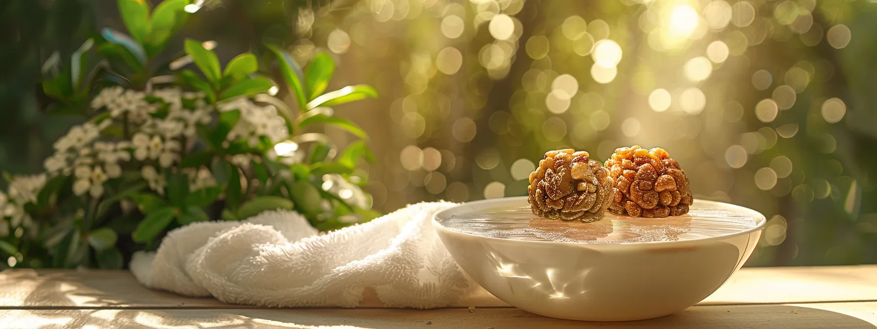 a serene bowl of pure water cradling a gleaming ten mukhi rudraksha, surrounded by fragrant herbal solutions and a soft towel, all under soft sunlight.