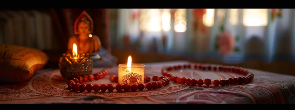 a serene candle-lit meditation corner adorned with a shimmering eight mukhi rudraksha pendant.