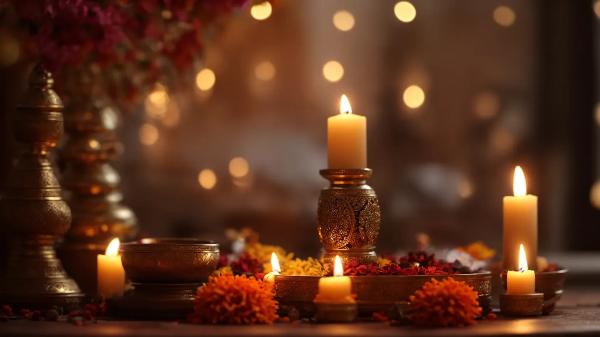 a serene, candle-lit altar with a gleaming nine mukhi rudraksha at the center, surrounded by offerings and incense, symbolizing purification and spiritual balance.