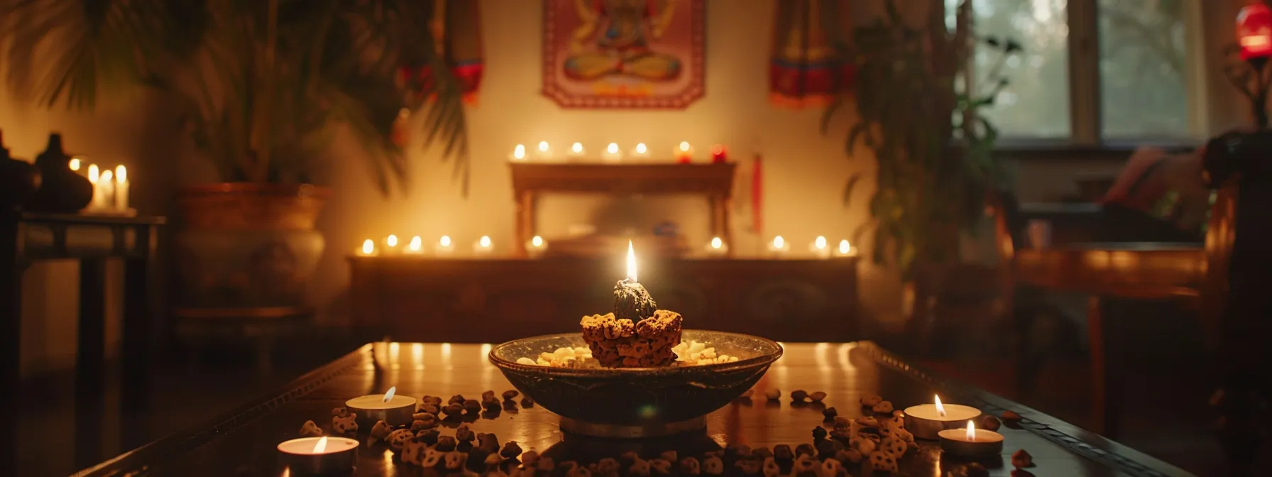 a serene, candlelit room with a divine aroma, where a glowing eleven mukhi rudraksha bead is being carefully purified and energized in a sacred ritual.