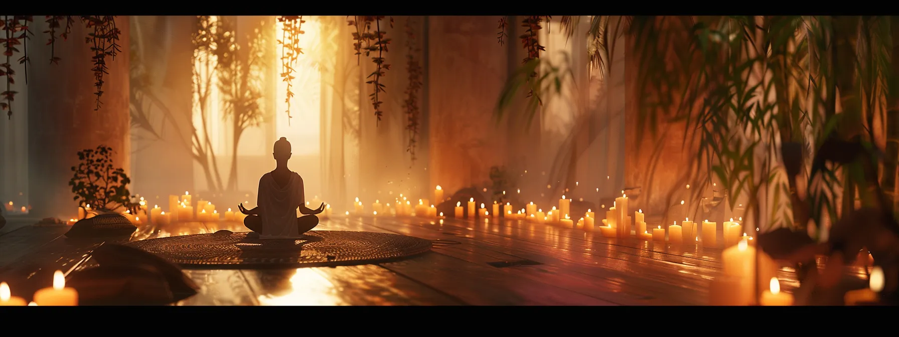 a serene, candlelit room with a figure meditating peacefully while softly chanting the om hreem namah mantra.