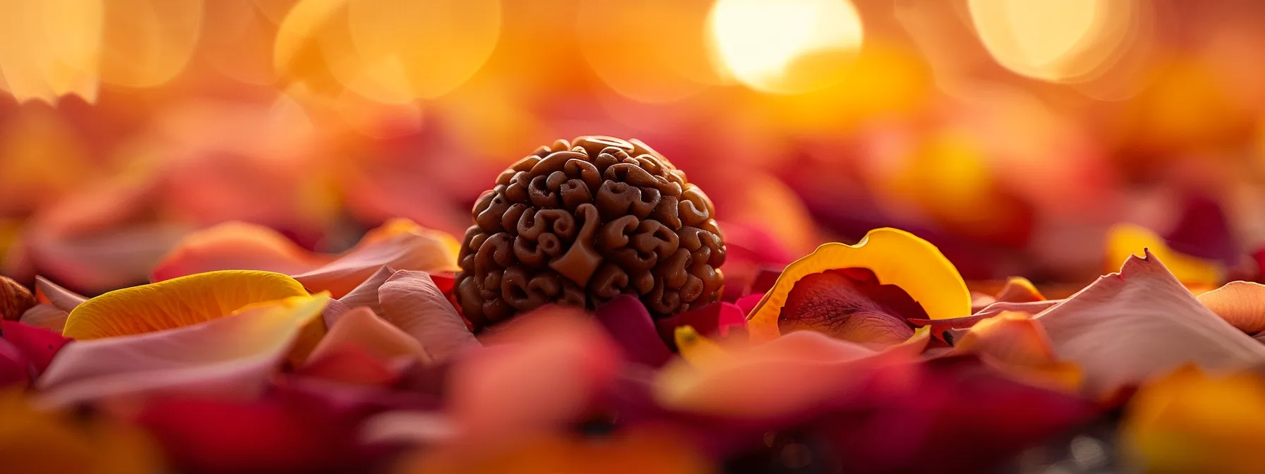 a serene close-up shot of a three mukhi rudraksha bead resting on a bed of colorful rose petals, radiating spiritual energy and tranquility.