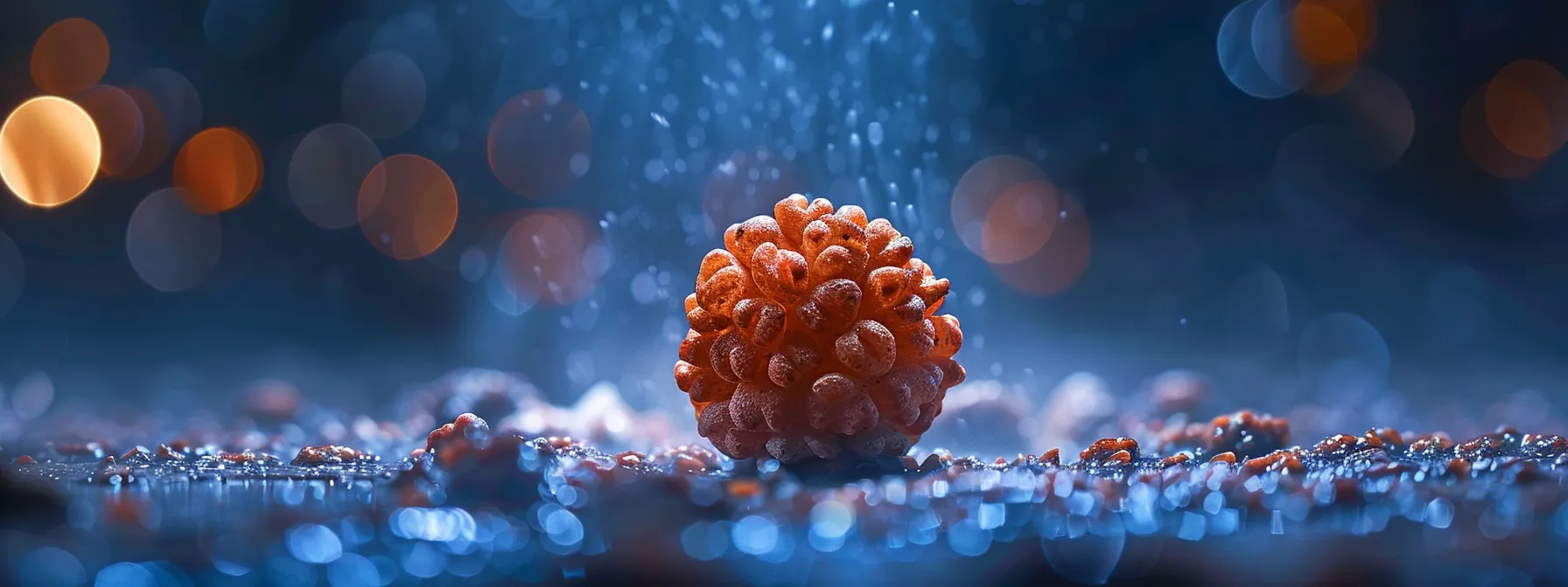 a serene close-up of the eight mukhi rudraksha bead, radiating a vibrant energy and spiritual aura.