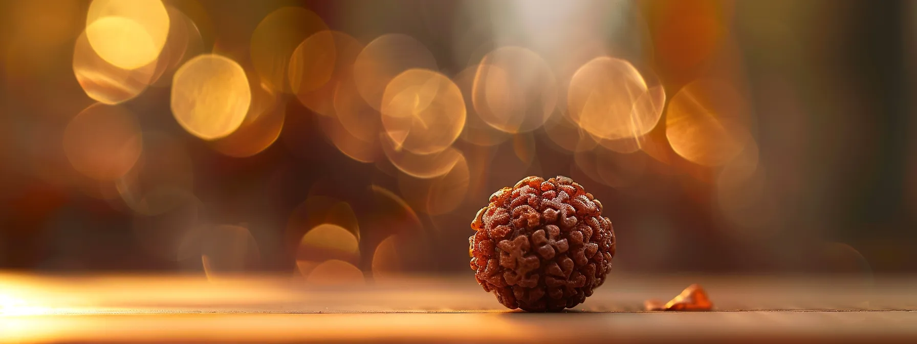 a serene close-up photo of a single rudraksha bead, highlighting its intricate mukhi facets and spiritual significance.