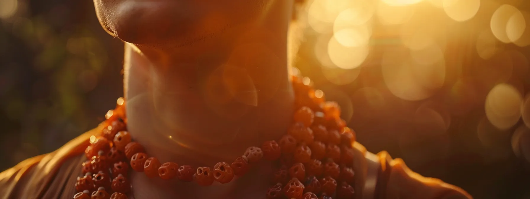 a serene close-up of a person wearing a string of vibrant rudraksha beads, radiating a sense of inner peace and well-being.