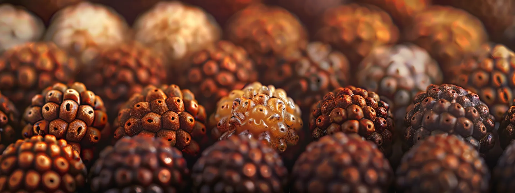 a serene close-up of various gleaming rudraksha beads, each with a distinct number of mukhis, symbolizing the array of choices for personal growth.