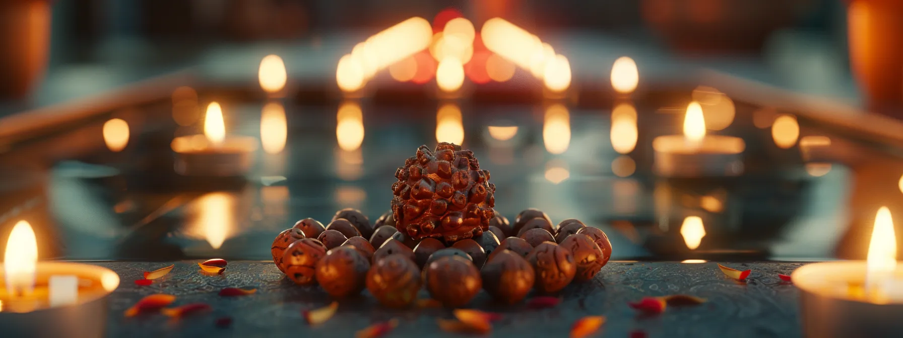 a serene close-up of a one mukhi rudraksha bead resting on a peaceful meditation altar surrounded by candles and incense.