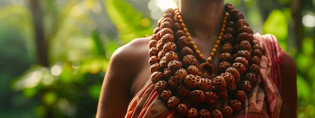 a serene close-up of a person wearing a large, smooth rudraksha bead necklace against a backdrop of nature.