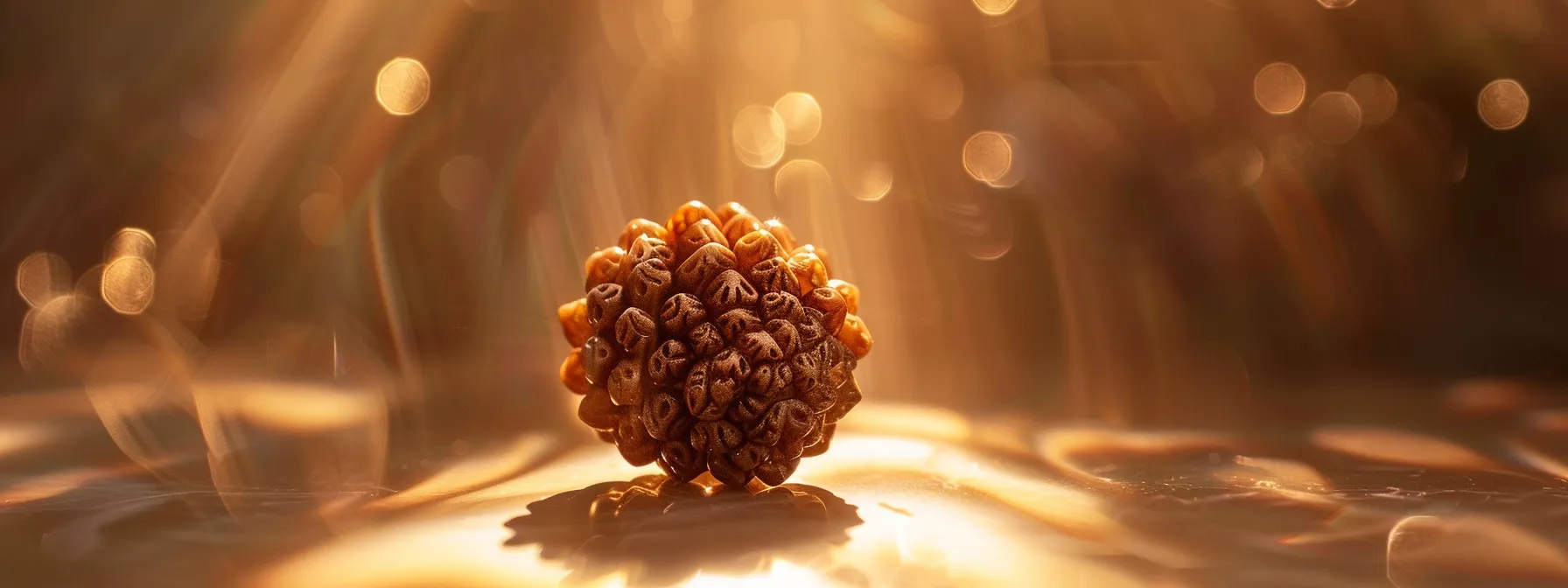 a serene close-up of a fifteen mukhi rudraksha bead, radiating a powerful and sacred aura.