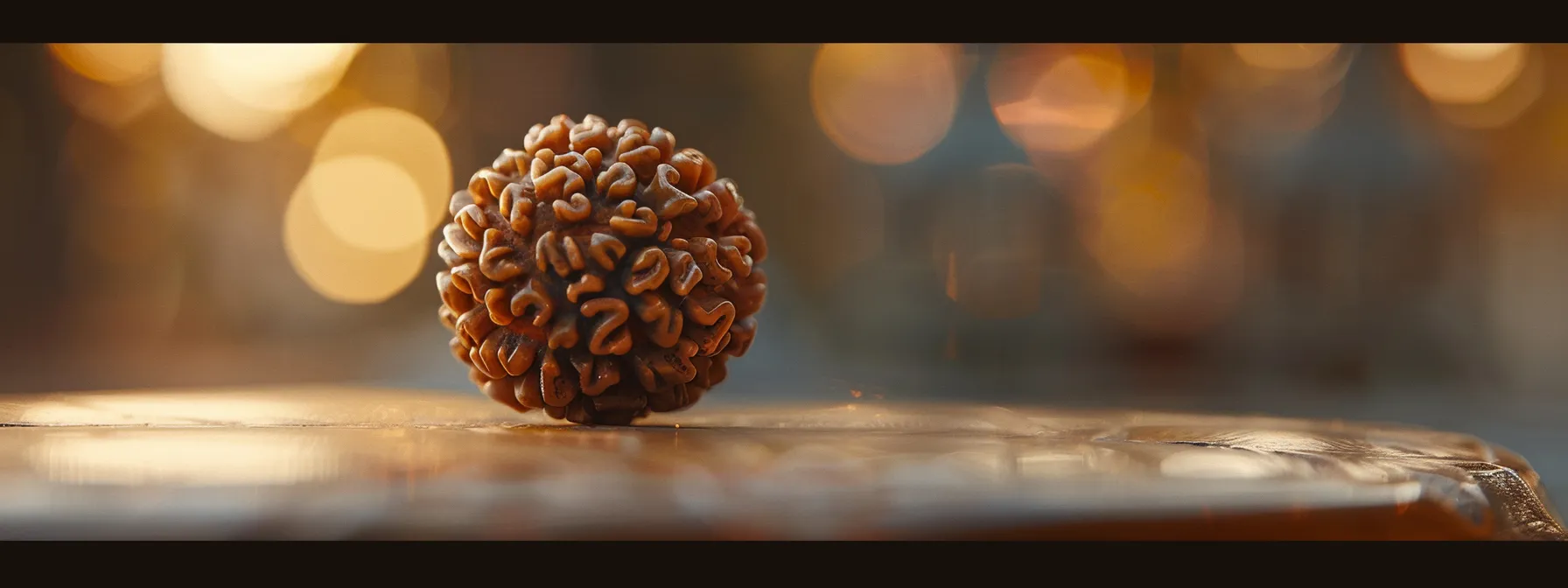 a serene close-up of a rudraksha bead with intricate mukhi variations, symbolizing spiritual growth and prosperity.