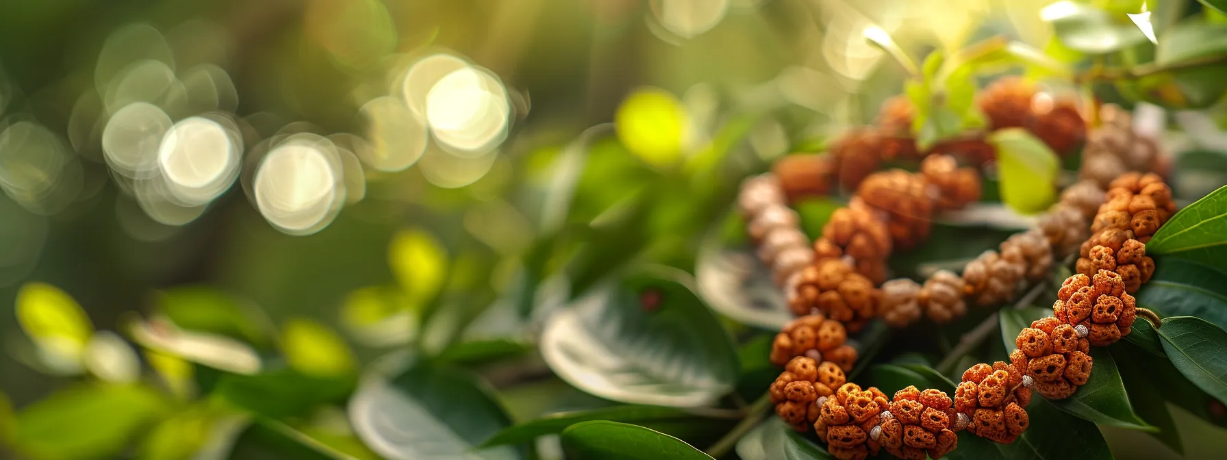 a serene close-up of a gleaming rudraksha bead necklace against a backdrop of greenery, symbolizing the timeless spiritual legacy in modern wellness practices.