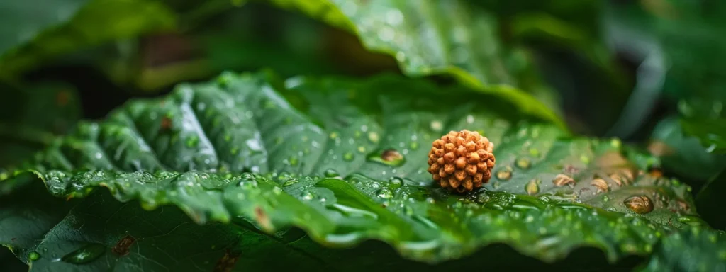 a serene, close-up shot of a glossy seventeen mukhi rudraksha bead resting on a bed of vibrant green leaves.