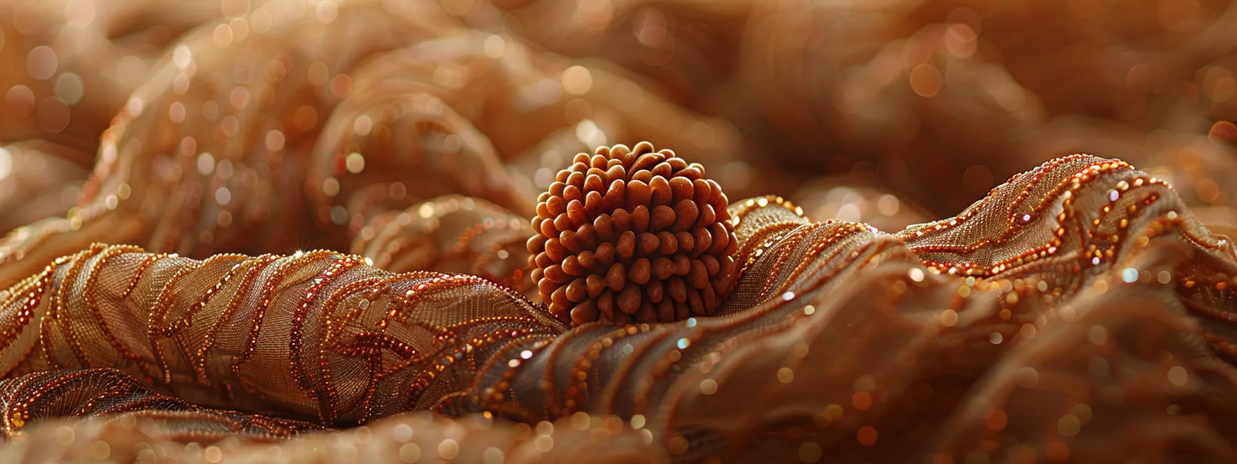 a serene close-up photo of a four mukhi rudraksha bead resting on a bed of natural materials, exuding a sense of calm and authenticity.